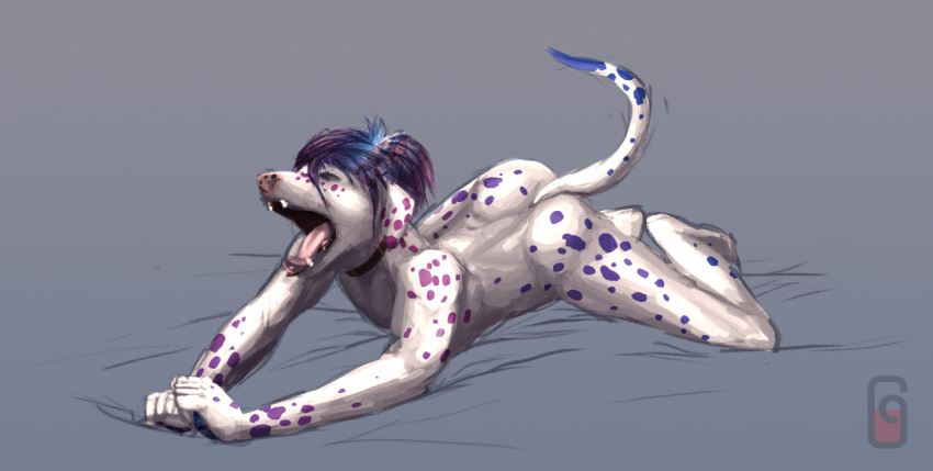 anthro batts_(character) bed canid canine canis cosmic_hair dalmatian digital_media_(artwork) digital_painting_(artwork) domestic_dog ethereal_hair eyes_closed furniture low_battery_(artist) lying male mammal on_front open_mouth realistic_anatomy solo stretching watermark yawn