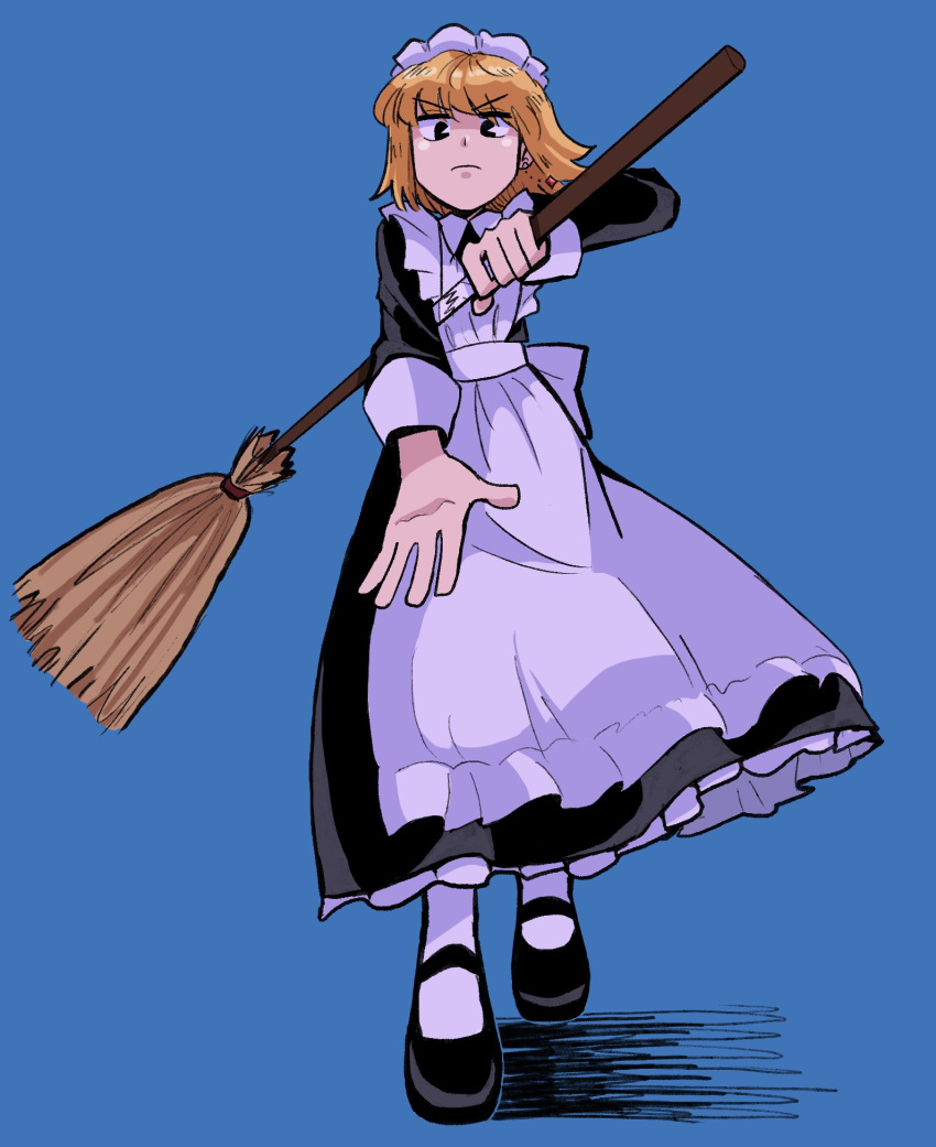 1other androgynous apron black_dress black_eyes blonde_hair blue_background broom crystal_earrings dress earrings frilled_apron frills full_body highres holding holding_broom hunter_x_hunter jewelry kurapika long_sleeves looking_at_viewer maid maid_apron maid_headdress short_hair simple_background solo tiredhomeboi white_apron