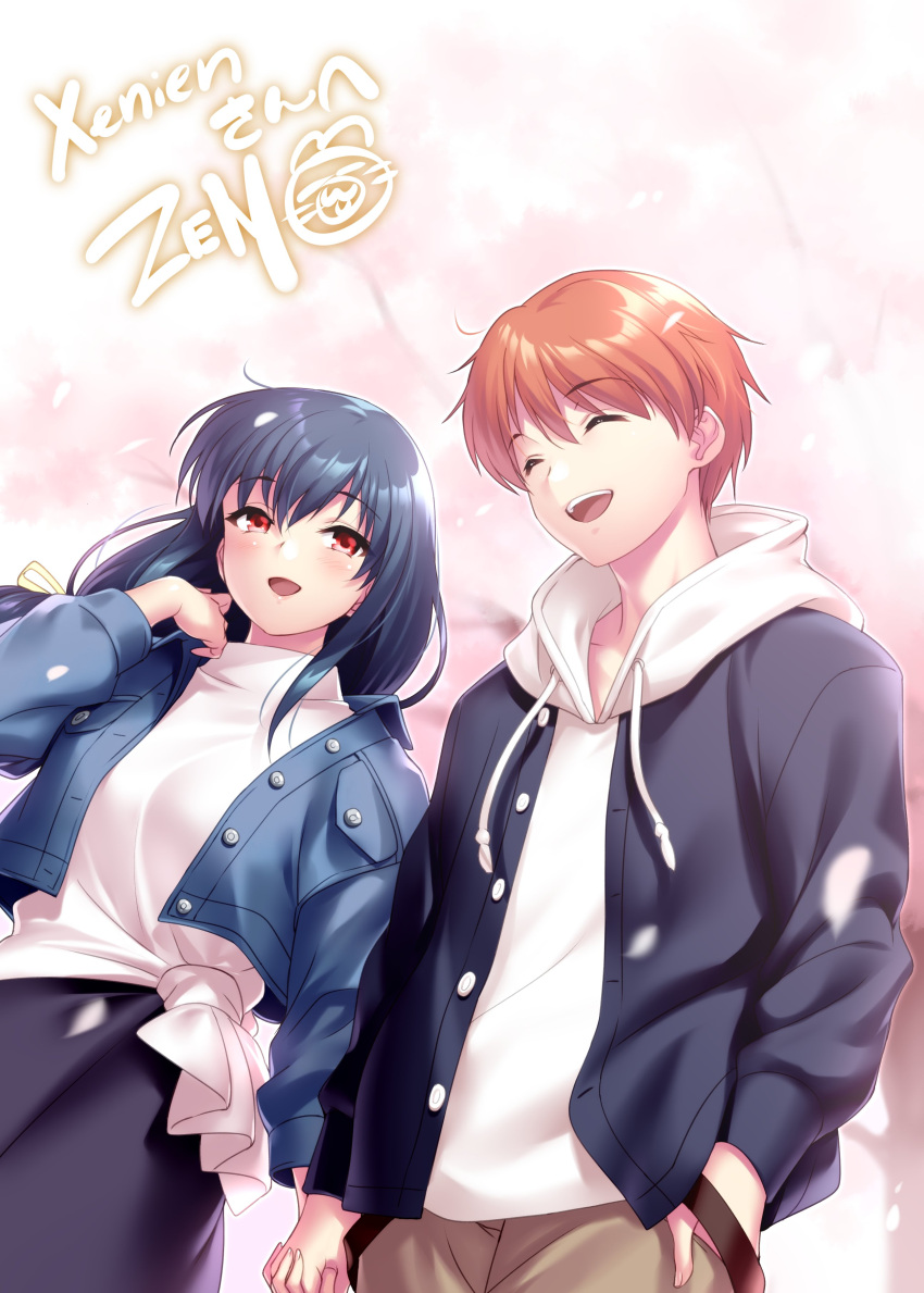 1boy 1girl :d ^_^ absurdres angel_beats! black_hair black_jacket blue_jacket blush brown_hair casual cherry_blossoms closed_eyes commentary commission couple day english_commentary eyelashes fingernails floating_hair hair_between_eyes hair_ribbon hand_in_pocket hand_up happy hetero highres holding_hands hood hood_down hoodie interlocked_fingers jacket long_hair looking_at_another open_clothes open_jacket open_mouth otonashi_yuzuru outdoors paid_reward_available pink_background red_eyes ribbon second-party_source shiina_(angel_beats!) shirt short_hair signature simple_background skeb_commission smile teeth upper_teeth_only white_hoodie white_shirt yellow_ribbon zen_(kamuro)