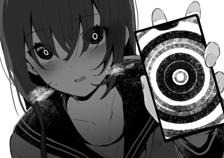 1girl blush cellphone collarbone dilated_pupils greyscale hair_between_eyes hase_neet holding holding_phone hypnotizing_viewer long_hair long_sleeves looking_at_viewer monochrome open_mouth original phone sailor_collar smartphone solo steam upper_body