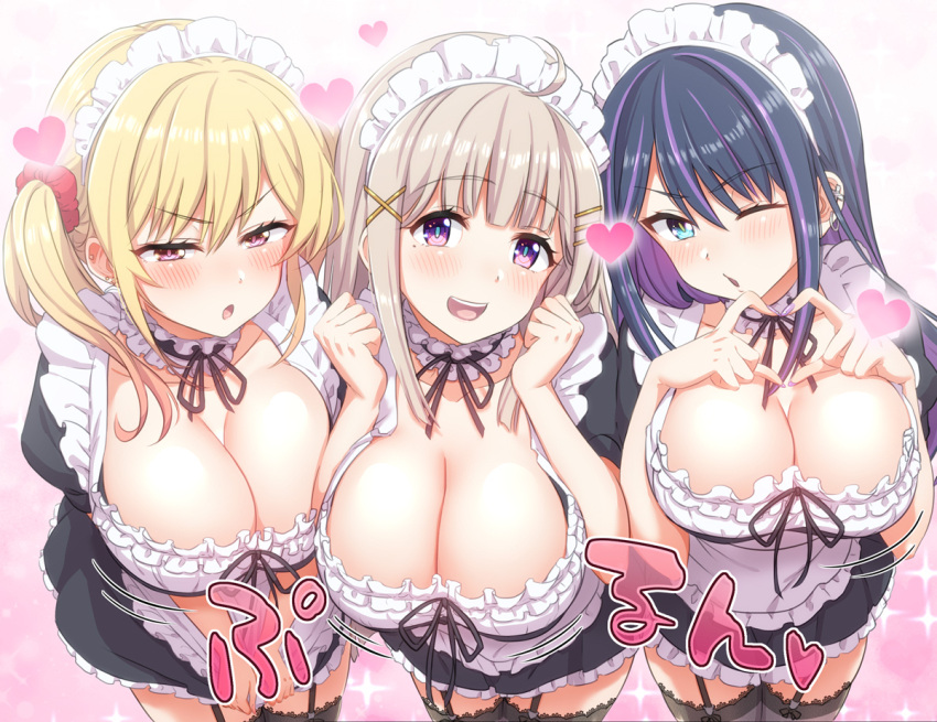 3girls blonde_hair blue_eyes blush breasts cleavage cross cross_earrings dtawawa earrings grey_hair gyaru hair_between_eyes hair_ornament hair_scrunchie heart heart_hands jewelry large_breasts looking_at_viewer loving_aura maid_headdress mole mole_under_eye multicolored_hair multiple_girls nail_polish one_eye_closed open_mouth original piercing purple_eyes purple_nails red_eyes red_scrunchie scrunchie simple_background skirt skirt_tug swept_bangs thighhighs twintails two-tone_hair