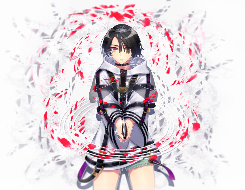 1girl artist_name asymmetrical_bangs belt black_hair blunt_ends circle_formation hair_over_one_eye highres holding holding_knife knife kooristle long_sleeves looking_at_viewer milgram red_eyes red_theme see-through_silhouette short_hair shorts solo straitjacket swept_bangs swirling very_short_hair white_background yuzuriha_kotoko