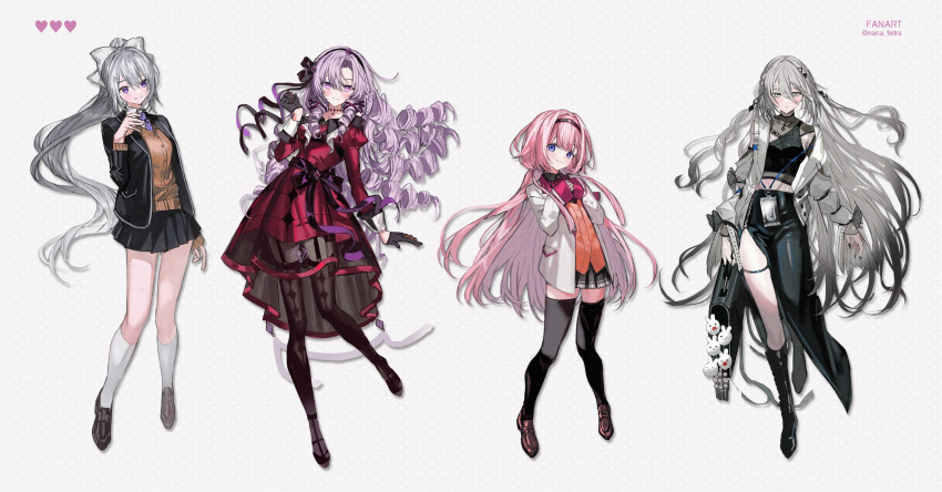 4girls absurdres black_footwear black_gloves black_hairband black_jacket black_skirt black_thighhighs blazer boots bow brown_cardigan cardigan crop_top dress drill_hair gloves gradient_hair grey_hair hair_bow hairband half_gloves heart highres higuchi_kaede higuchi_kaede_(1st_costume) hyakumantenbara_salome hyakumantenbara_salome_(1st_costume) jacket light_purple_hair loafers long_hair low_twintails multicolored_hair multiple_girls nana_tetra nijisanji open_clothes open_jacket orange_cardigan parted_bangs pink_hair pleated_skirt purple_eyes purple_hair red_dress shoes side_slit skirt smile socks sophia_valentine sophia_valentine_(1st_costume) suo_sango suo_sango_(1st_costume) thigh_strap thighhighs twintails virtual_youtuber white_bow white_jacket white_socks