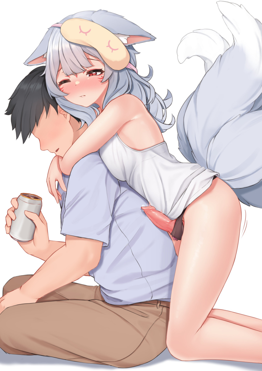 1boy 1girl absurdres animal_ears animal_penis black_hair blue_shirt blush brown_pants can closed_mouth erection fox_ears fox_girl fox_tail futa_with_male futanari grey_hair highres holding holding_can hug hug_from_behind kneeling knotted_penis long_hair mole mole_under_eye multiple_tails nijisanji nijisanji_en nina_kosaka one_eye_closed pants penis precum red_eyes shirt short_sleeves sitting sleep_mask sleepypudding solo_focus tail uncensored virtual_youtuber white_shirt