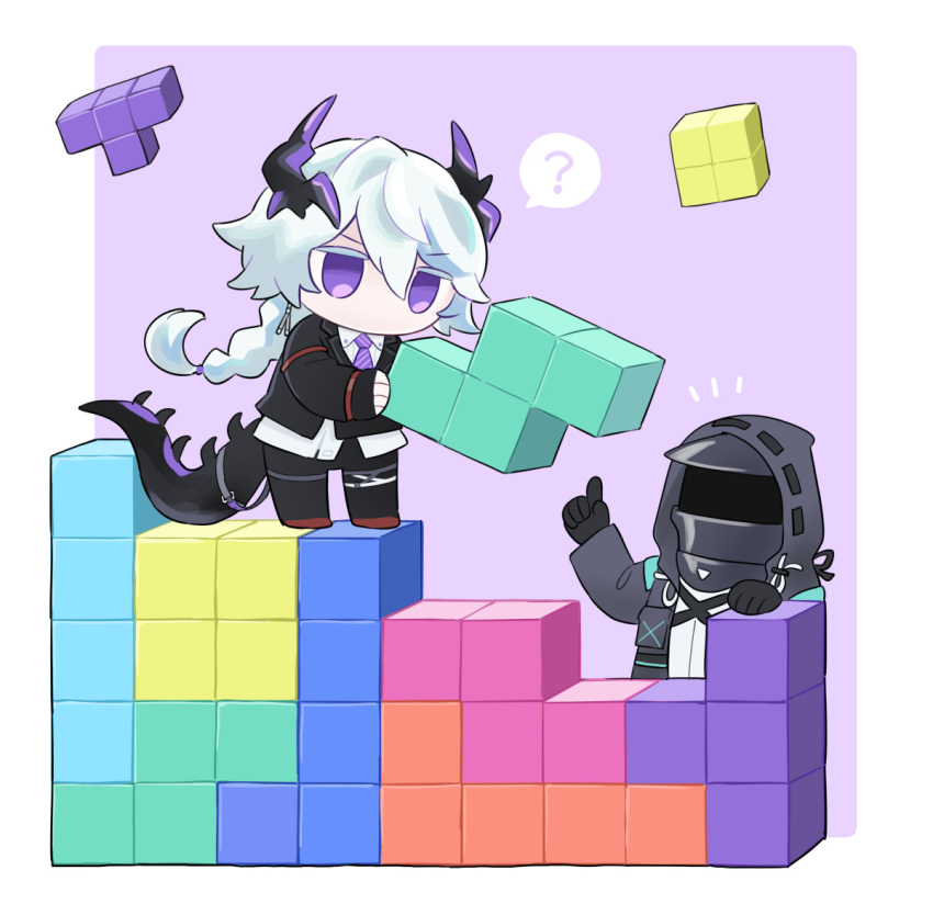 1boy 1other ? arknights black_gloves black_suit block_(object) border chibi collared_shirt commentary doctor_(arknights) dragon_boy dragon_horns dragon_tail empty_eyes english_commentary full_body gloves grey_hair hood hood_up hooded_jacket horns jacket long_hair mask necktie playing_games purple_background purple_eyes purple_necktie puzzle_(arknights) shirt simple_background soppos speech_bubble spoken_question_mark suit tail tail_belt tetris torn_clothes white_shirt