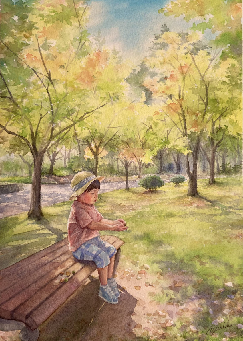 1boy acorn beach black_hair blue_footwear blue_pants blue_sky bush cloud cloudy_sky forest grass highres nature ooy33151086 original pants red_shirt river riverbank shadow shirt sky sunlight tree tree_shade wooden_bench yellow_headwear