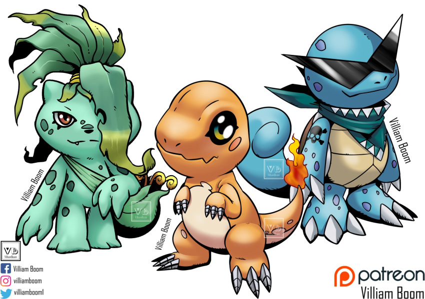 artist_name blue_skin brown_eyes bulbasaur charmander closed_mouth colored_skin crossover digimon fakemon fang green_skin hair_over_one_eye highres looking_at_viewer orange_skin patreon_logo pokemon pokemon_(creature) shoulder_tattoo skull_tattoo squirtle sunglasses tattoo villiam_boom