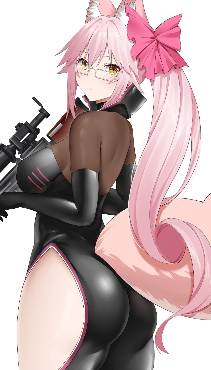 1girl absurdres animal_ear_fluff animal_ears arind_yudha ass black_bodysuit black_gloves blush bodysuit breasts closed_mouth elbow_gloves fate/grand_order fate_(series) fox_ears fox_girl fox_tail from_behind glasses gloves gun hair_ornament highres hip_vent holding holding_gun holding_weapon koyanskaya_(fate) large_breasts long_hair ponytail simple_background solo tail tamamo_(fate) weapon white_background yellow_eyes