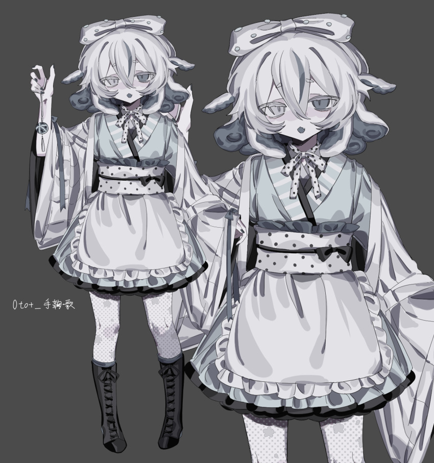 1girl apron arm_up ball black_footwear black_nails bow charm_(object) full_body grey_background grey_eyes hen10 highres looking_at_viewer monochrome multiple_views open_mouth original simple_background temari_ball wa_maid white_bow white_hair white_headwear zoom_layer