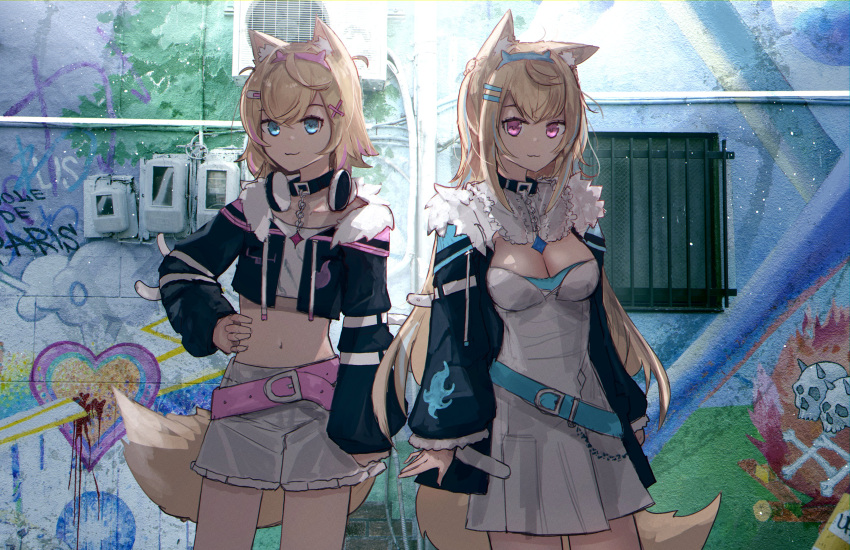 2girls absurdres advarcher animal_ear_fluff animal_ears belt belt_collar black_collar black_jacket blonde_hair blue_belt blue_eyes blue_hair breasts cleavage collar cropped_jacket cropped_shirt dog_ears dog_girl dog_tail fur-trimmed_jacket fur_trim fuwawa_abyssgard hair_ornament hairpin hand_on_own_hip headphones headphones_around_neck highres hololive hololive_english jacket large_breasts long_hair looking_at_viewer medium_hair midriff mococo_abyssgard multicolored_hair multiple_girls navel pink_belt pink_eyes pink_hair shirt siblings sisters skirt skirt_set small_breasts streaked_hair tail twins virtual_youtuber white_shirt white_skirt x_hair_ornament