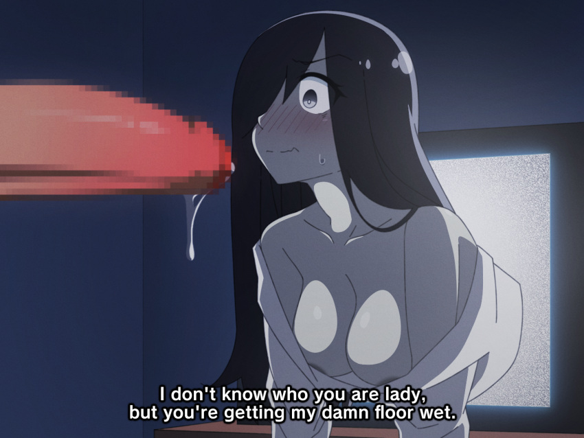 1boy 1girl bare_shoulders black_hair blush breasts censored closed_mouth english_text grey_eyes hair_over_one_eye large_breasts long_hair looking_at_penis mosaic_censoring nose_blush pale_skin penis_awe precum solo_focus subtitled sweatdrop television the_ring threetwigs yamamura_sadako