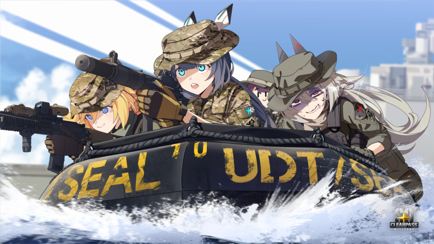 4girls absurdres aqua_eyes assault_rifle behalter blue_eyes blurry blurry_background brown_gloves camouflage closed_mouth commentary_request day djmax djmax_respect gloves gun hat highres holding holding_gun holding_weapon long_hair looking_ahead military military_hat military_uniform multiple_girls open_mouth outdoors red_eyes rifle suppressor teeth uniform upper_body upper_teeth_only weapon