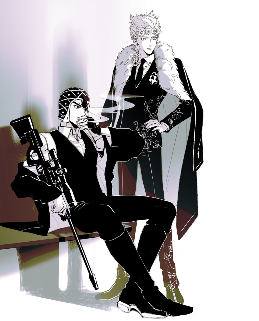 2boys boots braid bug cigarette closed_mouth coat commentary fingerless_gloves full_body fur_trim giorno_giovanna gloves guido_mista gun hako_iix07 hand_on_own_hip hat highres holding holding_weapon jojo_no_kimyou_na_bouken ladybug long_hair long_sleeves looking_to_the_side male_focus multiple_boys necktie open_clothes shirt short_hair sitting smoke smoking standing symbol-only_commentary vento_aureo vest weapon