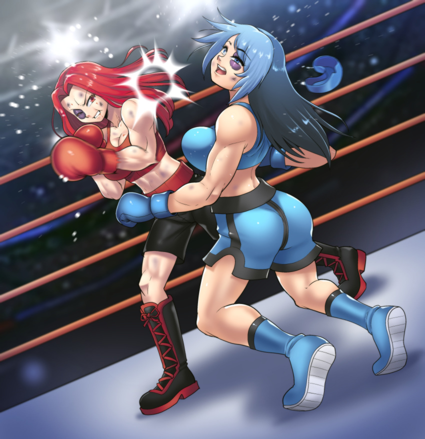 2girls absurdres blue_eyes blue_gloves blue_hair boxing boxing_gloves boxing_ring boxing_shorts character_request commentary_request gloves highres long_hair multiple_girls muscular muscular_female original punching red_eyes red_gloves red_hair shorts