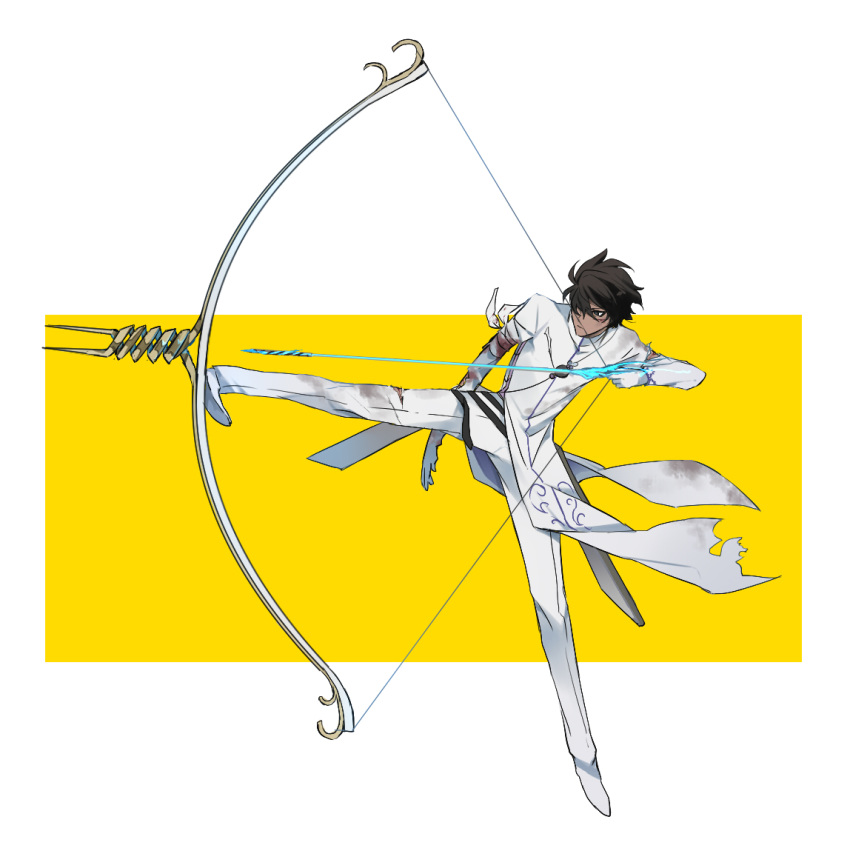 1boy aiming arjuna_(fate) arrow_(projectile) bandaged_arm bandages black_eyes black_hair blood blood_on_clothes bow_(weapon) closed_mouth coat cuts dark-skinned_male dark_skin drawing_bow expressionless fate/grand_order fate_(series) full_body gloves hair_over_one_eye holding holding_bow_(weapon) holding_weapon injury leg_up long_sleeves looking_ahead male_focus outstretched_leg pants rokkasana shoes short_hair solo standing standing_on_one_leg torn_clothes two-tone_background weapon white_background white_coat white_footwear white_gloves white_pants yellow_background