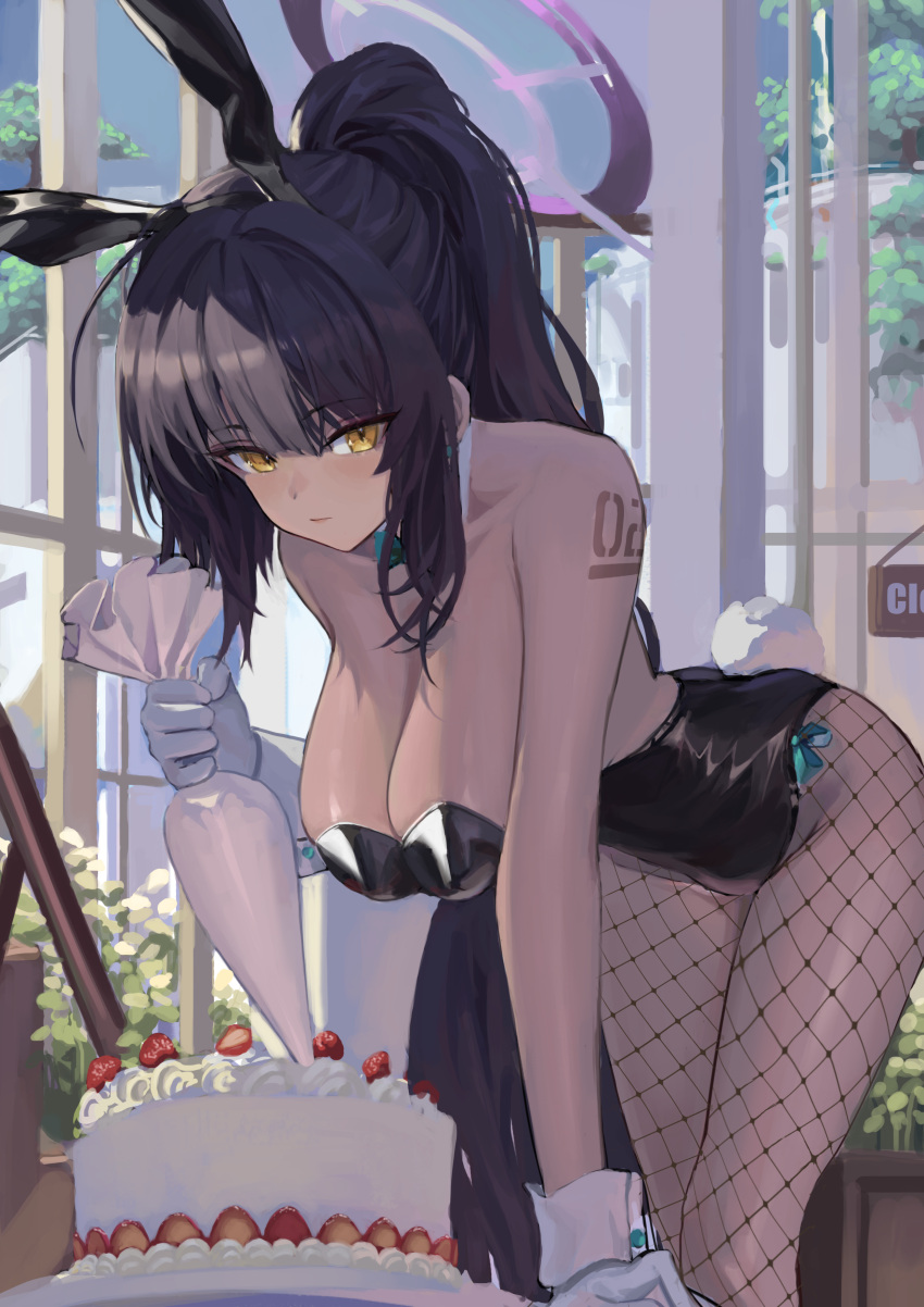 1girl absurdres animal_ears arm_tattoo bent_over black_hair black_leotard blue_archive breasts cake cleavage closed_mouth fake_animal_ears fishnet_pantyhose fishnets food gloves halo high_ponytail highres karin_(blue_archive) karin_(bunny)_(blue_archive) large_breasts leotard long_hair nineye official_alternate_costume pantyhose playboy_bunny rabbit_ears rabbit_tail solo strawberry_cake tail tattoo very_long_hair white_gloves wrist_cuffs yellow_eyes