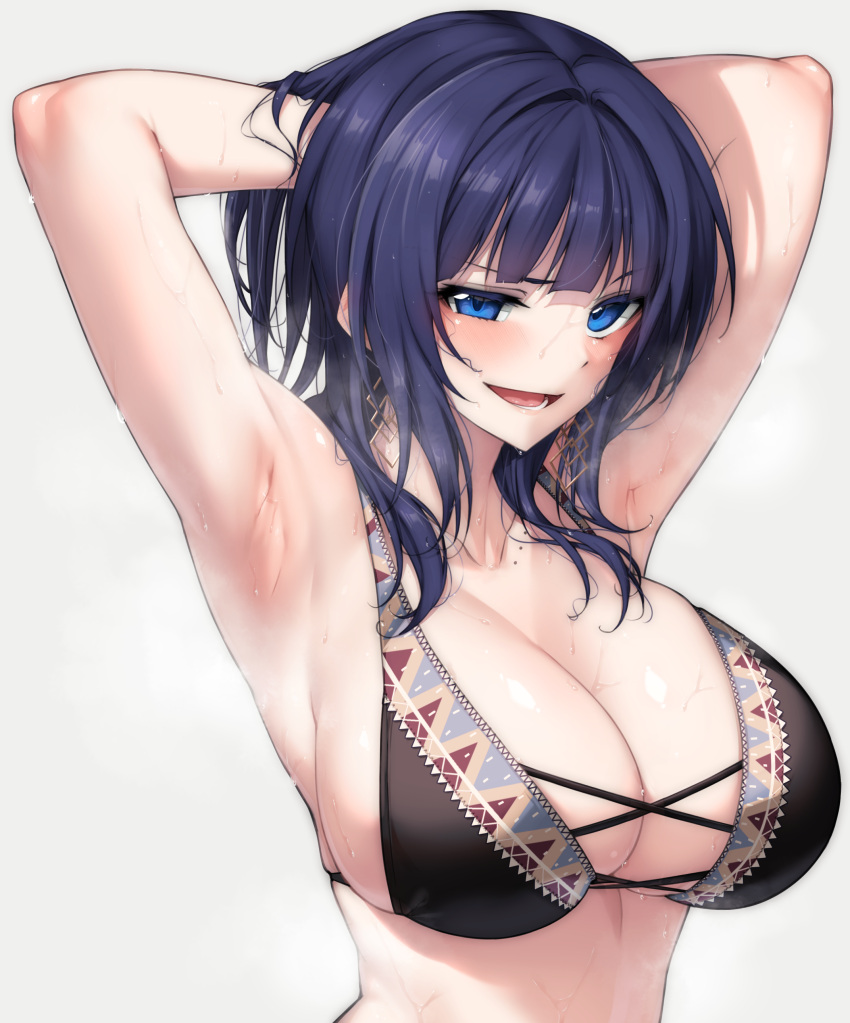 absurdres armpits arms_up asaka_karin black_hair blue_eyes breasts highres large_breasts love_live! love_live!_nijigasaki_high_school_idol_club nasuno_(nasuno42) simple_background upper_body white_background