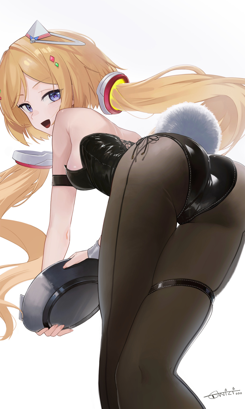 1girl aki_rosenthal anizi arm_strap artist_name ass backless_leotard bent_over black_leotard black_pantyhose blonde_hair blue_eyes breasts commentary_request detached_hair fake_tail fingernails headgear highres holding holding_tray hololive leotard long_fingernails looking_at_viewer looking_back low_twintails medium_breasts open_mouth paid_reward_available pantyhose parted_bangs playboy_bunny rabbit_tail simple_background smile solo strapless strapless_leotard tail thigh_strap tray twintails virtual_youtuber white_background white_wrist_cuffs wrist_cuffs