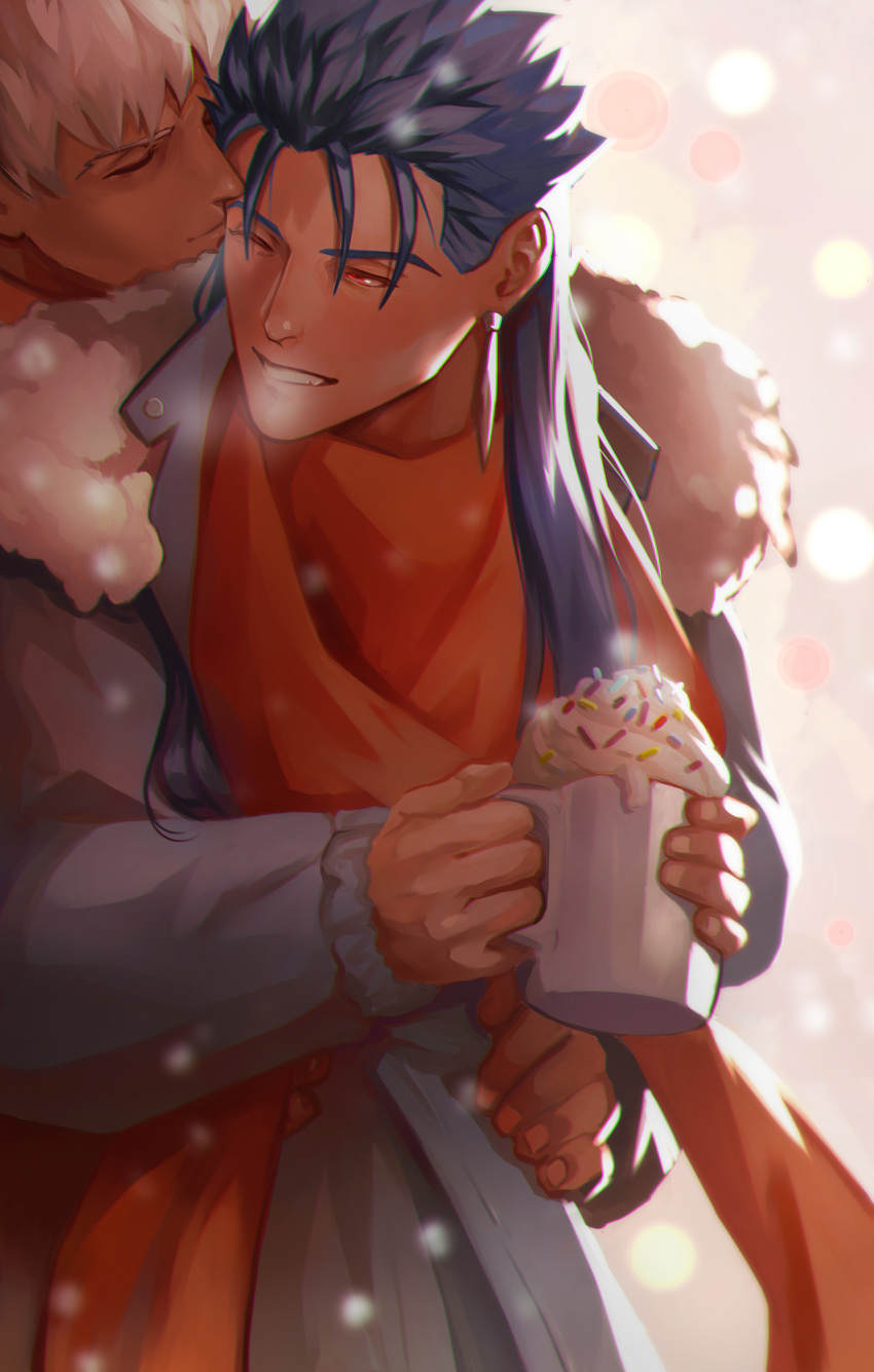 2boys archer_(fate) blue_coat blue_hair coat cu_chulainn_(caster)_(fate) cu_chulainn_(fate) cup earrings english_text fate/grand_order fate_(series) fingernails gravesecrets hand_on_another's_hip highres holding holding_cup hot_chocolate hug hug_from_behind jewelry kiss long_hair long_sleeves male_focus mature_male mug multiple_boys one_eye_closed parted_lips red_eyes red_scarf scarf snow sprinkles whipped_cream white_hair winter_clothes winter_coat yaoi