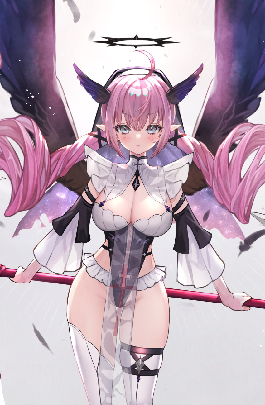 1girl absurdres ahoge black_feathers black_halo black_leotard black_veil black_wings blush breasts cleavage closed_mouth commentary detached_sleeves feathers feet_out_of_frame frilled_leotard frills grey_background grey_hair hair_between_eyes head_wings highleg highleg_leotard highres hitowa holding holding_polearm holding_scythe holding_weapon large_breasts leotard long_hair looking_at_viewer low_twintails original pelvic_curtain pointy_ears polearm scythe see-through smile solo thighhighs twintails weapon white_thighhighs wide_sleeves wings