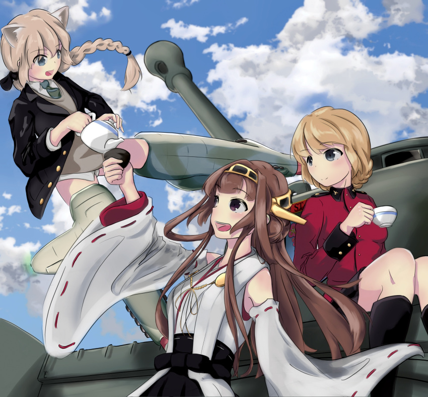 3girls absurdres boots cloud cloudy_sky crossover cup darjeeling_(girls_und_panzer) girls_und_panzer highres japanese_clothes kantai_collection kongou_(kancolle) lynette_bishop multiple_girls pensir sitting sky st._gloriana's_military_uniform strike_witches tea teacup teapot world_witches_series