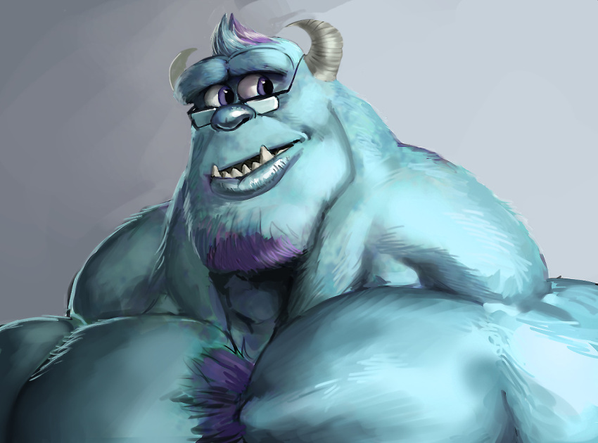 big_muscles blue_eyes blue_lips chest_tuft disney eyewear facial_hair glasses goatee horn huge_muscles hyper hyper_muscles lips male monster monsters_inc muscular neck_muscles pecs pixar remert solo sulley tuft