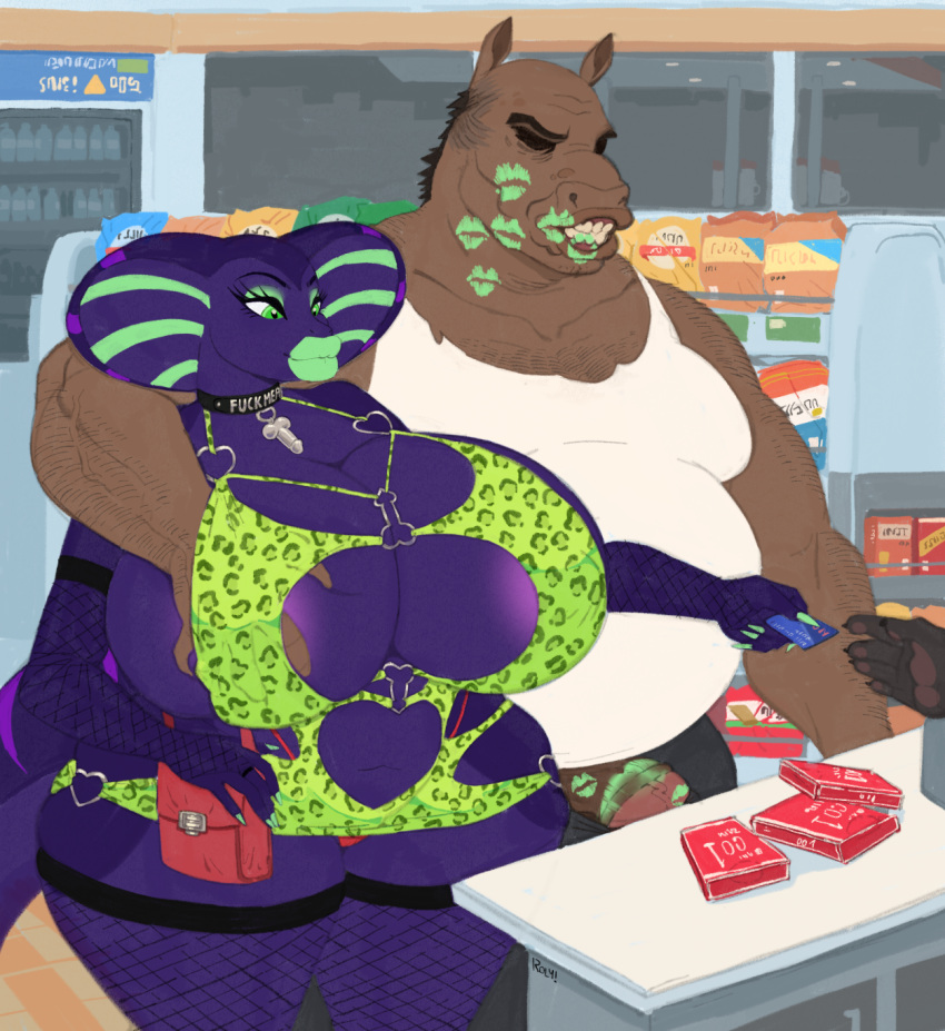 anthro big_breasts breast_grab breasts clothing cobra equid equine female genitals hand_on_breast hi_res huge_breasts kiss_mark male male/female mammal overweight overweight_male panties penis reptile roly scalie snake underwear vein veiny_penis