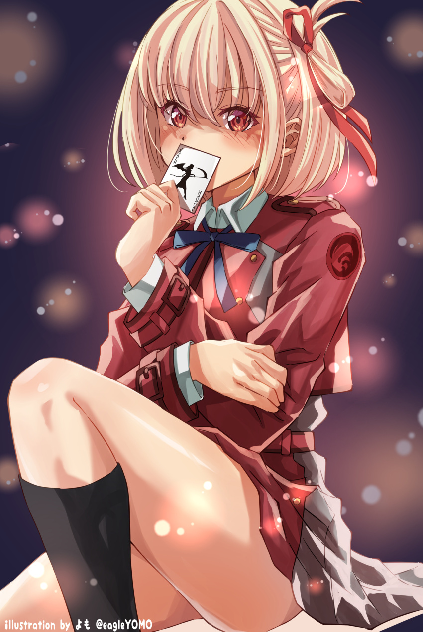 1girl absurdres artist_name black_socks blonde_hair blue_ribbon blush bob_cut card collared_shirt commentary_request covering_mouth dress feet_out_of_frame grey_dress hair_between_eyes hair_ribbon highres holding holding_card knee_up kneehighs lens_flare long_sleeves looking_at_viewer lycoris_recoil lycoris_uniform neck_ribbon nishikigi_chisato one_side_up pleated_dress red_dress red_eyes red_ribbon ribbon shadow shirt short_hair sidelocks sitting socks solo thighs twitter_username two-tone_dress white_shirt yomo