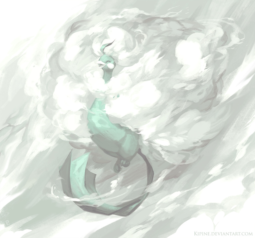 altaria animal animal_focus beak bird blending blue_feathers closed_eyes cloud cloud_hair english_commentary feathers fluffy from_side full_body highres kipine mega_altaria mega_pokemon no_humans open_mouth pokemon pokemon_(creature) solo solo_focus