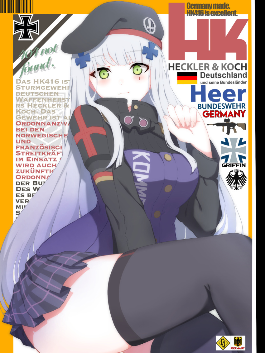 1girl 404_logo_(girls'_frontline) absurdres assault_rifle barcode beret black_headwear black_thighhighs blunt_bangs breasts cover cross facial_mark fake_magazine_cover german_flag german_text girls'_frontline green_eyes grey_hair gun h&amp;k_hk416 hat heckler_&amp;_koch highres hk416_(girls'_frontline) iron_cross jacket large_breasts long_hair long_sleeves looking_at_viewer magazine_cover miniskirt plaid plaid_skirt rifle skirt solo teardrop teardrop_facial_mark teardrop_tattoo thighhighs thighs uchikata_takeaki weapon