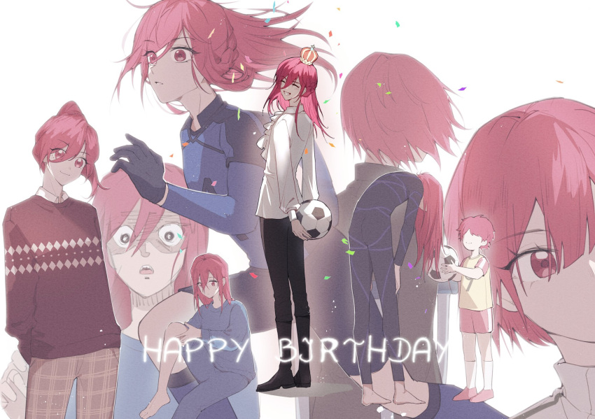 6+boys ^_^ aged_down ball black_bodysuit black_footwear black_gloves black_pants blue_lock blue_pants blue_shirt blue_shorts bodysuit boots braid brown_pants chigiri_hyoma closed_eyes closed_mouth confetti gloves grin happy_birthday highres holding holding_ball jacket long_hair long_sleeves looking_at_viewer looking_away male_focus multiple_boys p66666l pants ponytail red_eyes red_hair red_jacket running shirt shorts smile soccer_ball soccer_uniform sportswear white_background white_shirt
