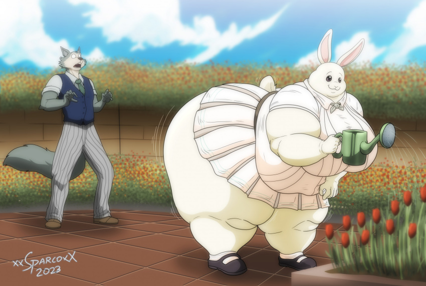 2023 anthro beastars belly bent_over big_belly big_breasts breasts canid canine canis clothed clothing digital_media_(artwork) domestic_rabbit duo dwarf_rabbit female fur haru_(beastars) hi_res huge_belly huge_breasts huge_thighs hyper hyper_thighs lagomorph legoshi_(beastars) leporid male mammal netherland_dwarf_rabbit oryctolagus overweight overweight_anthro overweight_female rabbit school_uniform thick_thighs uniform white_body white_fur wolf xxsparcoxx