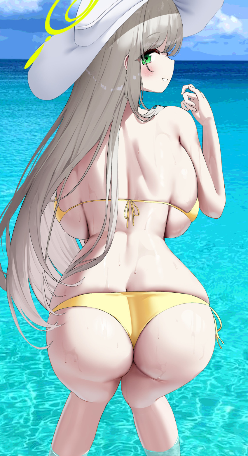 1girl absurdres ass back bikini blue_archive blue_sky blush breasts green_eyes green_halo halo hat highres huge_breasts long_hair looking_at_viewer nicorima nonomi_(blue_archive) nonomi_(swimsuit)_(blue_archive) ocean side-tie_bikini_bottom sky solo string_bikini sun_hat swimsuit very_long_hair wet yellow_bikini