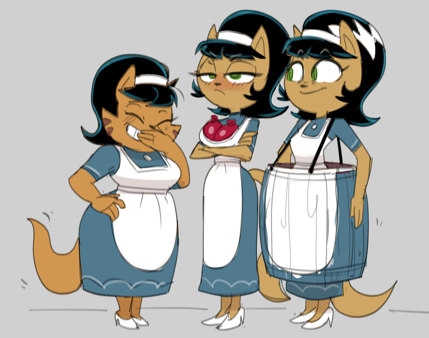 2023 4_fingers accessory age_difference anthro apron barrel big_breasts big_eyes big_mouth_(anatomy) biped black_eyebrows black_eyelashes black_hair black_nose blue_clothing blue_dress blush breast_size_difference breasts brown_stripes cheek_tuft closed_smile clothed clothed_anthro clothed_female clothing cosplay covering covering_mouth crossed_arms curved_eyebrows daughter_(lore) dbaru digital_drawing_(artwork) digital_media_(artwork) domestic_cat dress embarrassed eyebrow_through_hair eyebrows eyelashes eyelids eyes_closed facial_markings facial_tuft family felid feline felis female fingers footwear fur fur_tuft glistening green_eyes grey_background group hair hair_accessory hairband half-closed_eyes halloween hand_on_hip hand_on_own_hip head_markings hi_res high_heels holidays humor iris katty_katswell kitty_katswell laugh looking_at_another mammal markings mature_anthro mature_female medium_breasts mother_(lore) mother_and_child_(lore) mother_and_daughter_(lore) mouth_closed mrs._katswell narrowed_eyes nickelodeon older_female paint parent_(lore) parent_and_child_(lore) parent_and_daughter_(lore) prick_ears short_hair simple_background smile standing striped_body striped_face striped_fur stripes t.u.f.f._puppy tail tan_body tan_ears tan_eyelids tan_fur tan_tail teeth translucent translucent_hair trio tuft white_apron white_clothing white_footwear white_hairband white_heels white_high_heels wide_hips younger_female