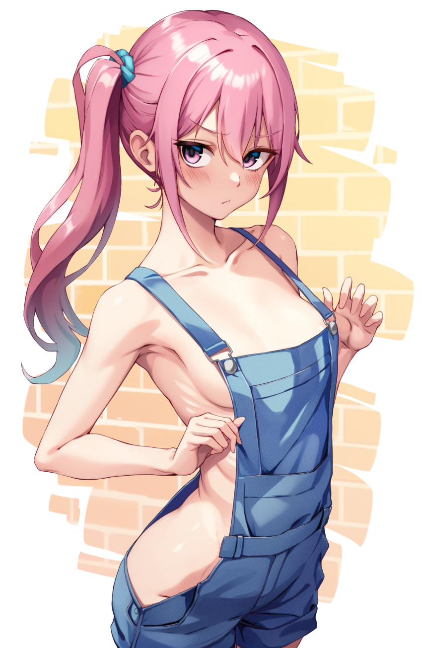 1girl blue_overalls blush breasts brick_wall commentary_request cowboy_shot dosu_(doseven) hair_ornament hair_scrunchie highres long_hair looking_at_viewer naked_overalls nude original overall_shorts overalls pink_eyes pink_hair ribs scrunchie side_ponytail sideboob small_breasts solo