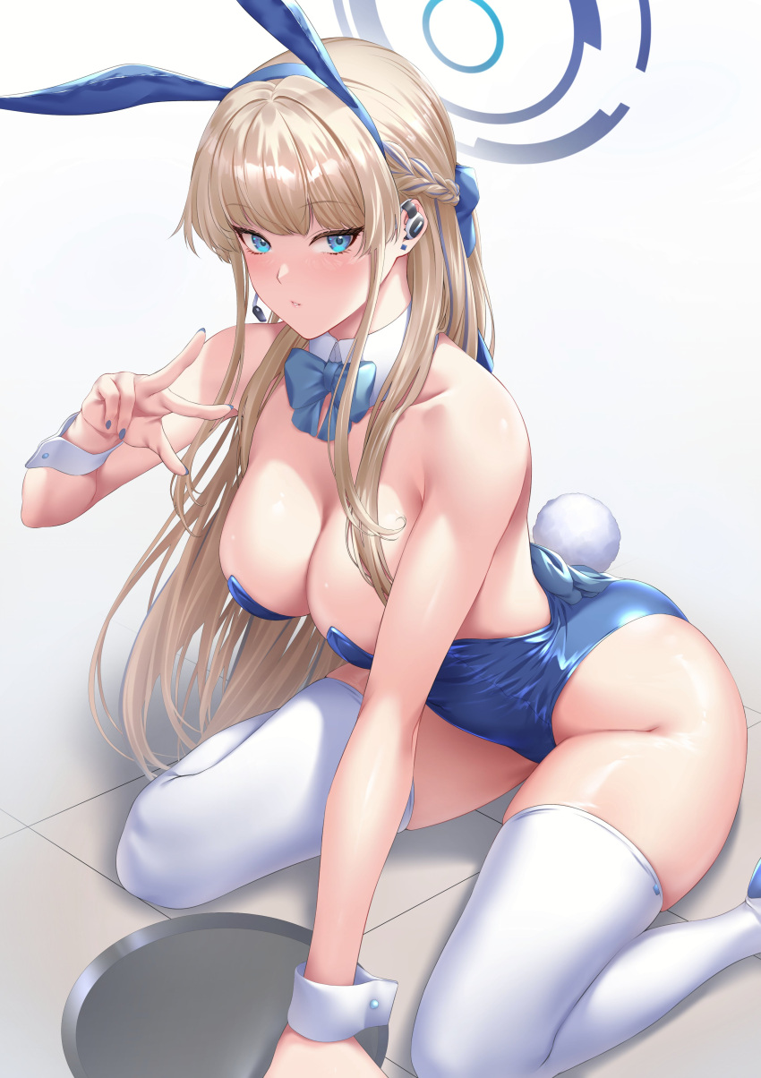 1girl absurdres animal_ears bare_shoulders blonde_hair blue_archive blue_eyes blue_leotard breasts cleavage detached_collar earpiece fake_animal_ears fake_tail hair_ribbon halo highleg highleg_leotard highres large_breasts leotard long_hair looking_at_viewer official_alternate_costume playboy_bunny rabbit_ears rabbit_tail ribbon sitting solo strapless strapless_leotard tail thighhighs toki_(blue_archive) toki_(bunny)_(blue_archive) very_long_hair wariza white_thighhighs wrist_cuffs zucchini