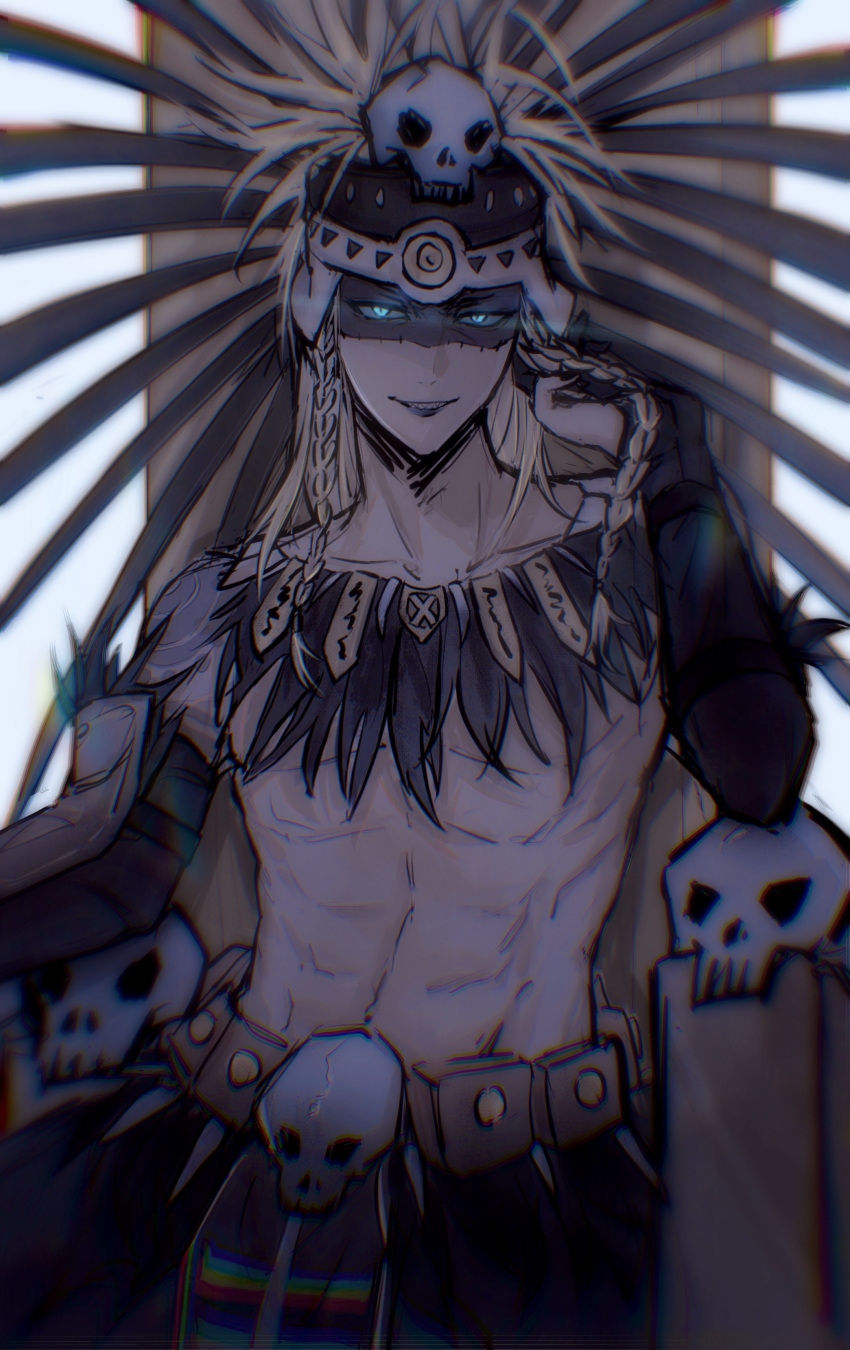 1boy abs absurdres arm_tattoo aztec black_gloves black_lips black_nails blonde_hair blue_eyes braid facepaint fate/grand_order fate_(series) gloves gold_necklace hair_ornament headdress highres jewelry long_hair looking_at_viewer male_focus mroaridnryed_alter necklace simple_background sitting skull skull_hair_ornament smile solo tattoo tezcatlipoca_(fate) tezcatlipoca_(third_ascension)_(fate) throne traditional_clothes twin_braids upper_body white_background