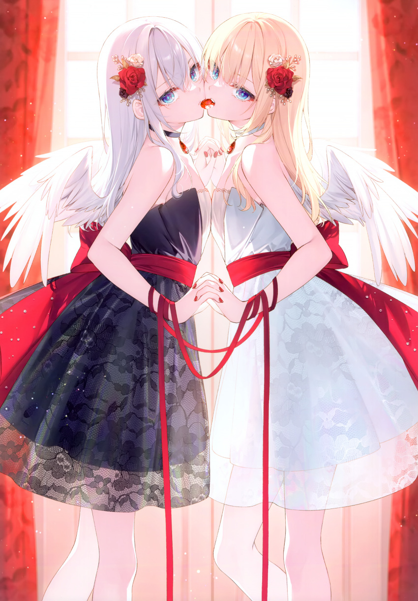 2girls absurdres angel_wings back_bow backlighting bare_arms bare_shoulders black_choker black_dress blonde_hair blue_eyes blue_pupils bow breasts choker ciel_(toosaka_asagi) closed_mouth curtains day dress feathered_wings feet_out_of_frame fingernails flower from_side gem hair_between_eyes hair_flower hair_ornament highres holding_hands imminent_kiss indoors interlocked_fingers lace_dress layered_dress light_particles long_hair looking_at_viewer looking_to_the_side medium_dress mouth_hold multiple_girls nail_polish noele_(toosaka_asagi) original parted_lips red_bow red_curtains red_flower red_gemstone red_nails red_ribbon red_rose ribbon rose scan see-through see-through_dress see-through_skirt_layer small_breasts standing strapless strapless_dress sunlight toosaka_asagi very_long_hair white_choker white_dress white_flower white_hair white_rose white_wings window wings yuri