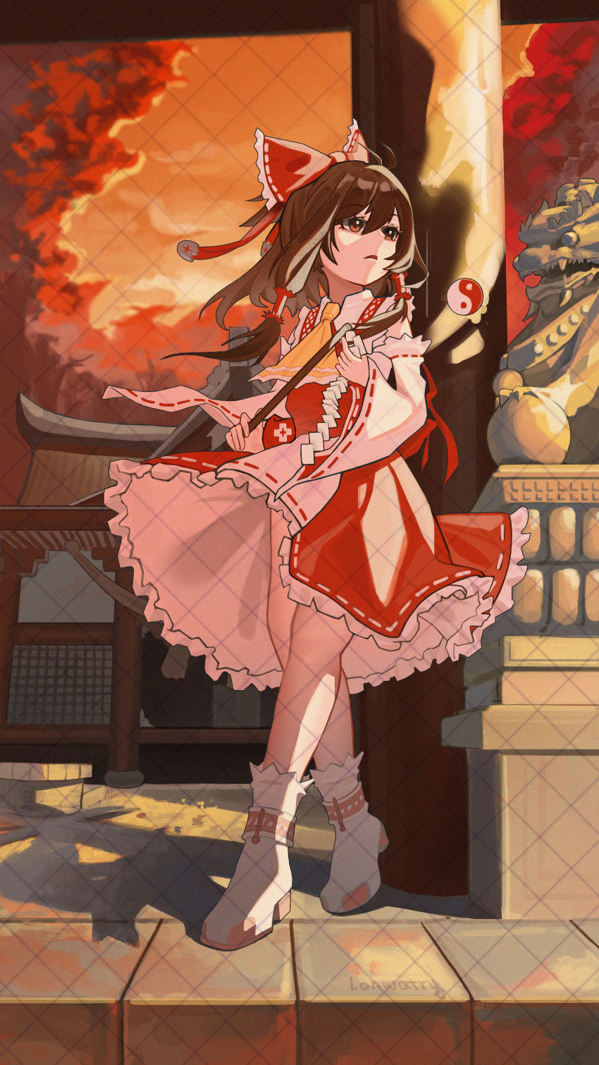 1girl absurdres bare_shoulders bow brown_eyes brown_hair detached_sleeves frilled_skirt frills full_body gohei hair_between_eyes hair_bow hair_tubes hakurei_reimu highres holding holding_gohei japanese_clothes long_hair longwatry nontraditional_miko open_mouth orb red_bow red_skirt ribbon-trimmed_sleeves ribbon_trim shoes sidelocks skirt socks solo touhou white_footwear white_sleeves white_socks wide_sleeves yin_yang yin_yang_orb