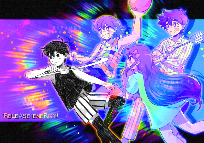 1girl 3boys artist_name aubrey_(headspace)_(omori) aubrey_(omori) ball black_eyes black_hair black_socks blue_shirt blush bow closed_mouth collarbone colored_skin hair_bow hero_(headspace)_(omori) hero_(omori) highres holding holding_ball holding_knife holding_spatula holding_stuffed_toy kel_(headspace)_(omori) kel_(omori) knife long_hair long_sleeves multiple_boys omori omori_(omori) open_mouth parted_lips pink_bow purple_eyes purple_hair shirt short_hair short_sleeves smile socks spatula stuffed_eggplant stuffed_toy teeth watermark white_skin zipsunz