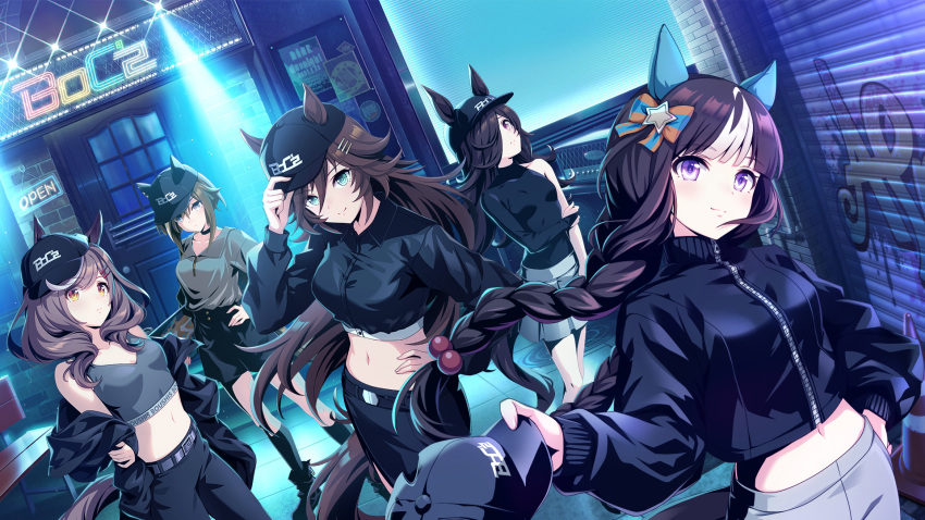 5girls animal_ears april_fools black_hair blunt_bangs braid breasts brown_hair cheval_grand_(umamusume) hair_ornament hair_over_one_eye hat highres hokko_tarumae_(umamusume) horse_ears horse_girl horse_tail jacket long_hair looking_at_viewer matikane_tannhauser_(umamusume) medium_breasts medium_hair midriff mr._c.b._(umamusume) multiple_girls official_art ribbon rice_shower_(umamusume) smile tail trait_connection twin_braids umamusume