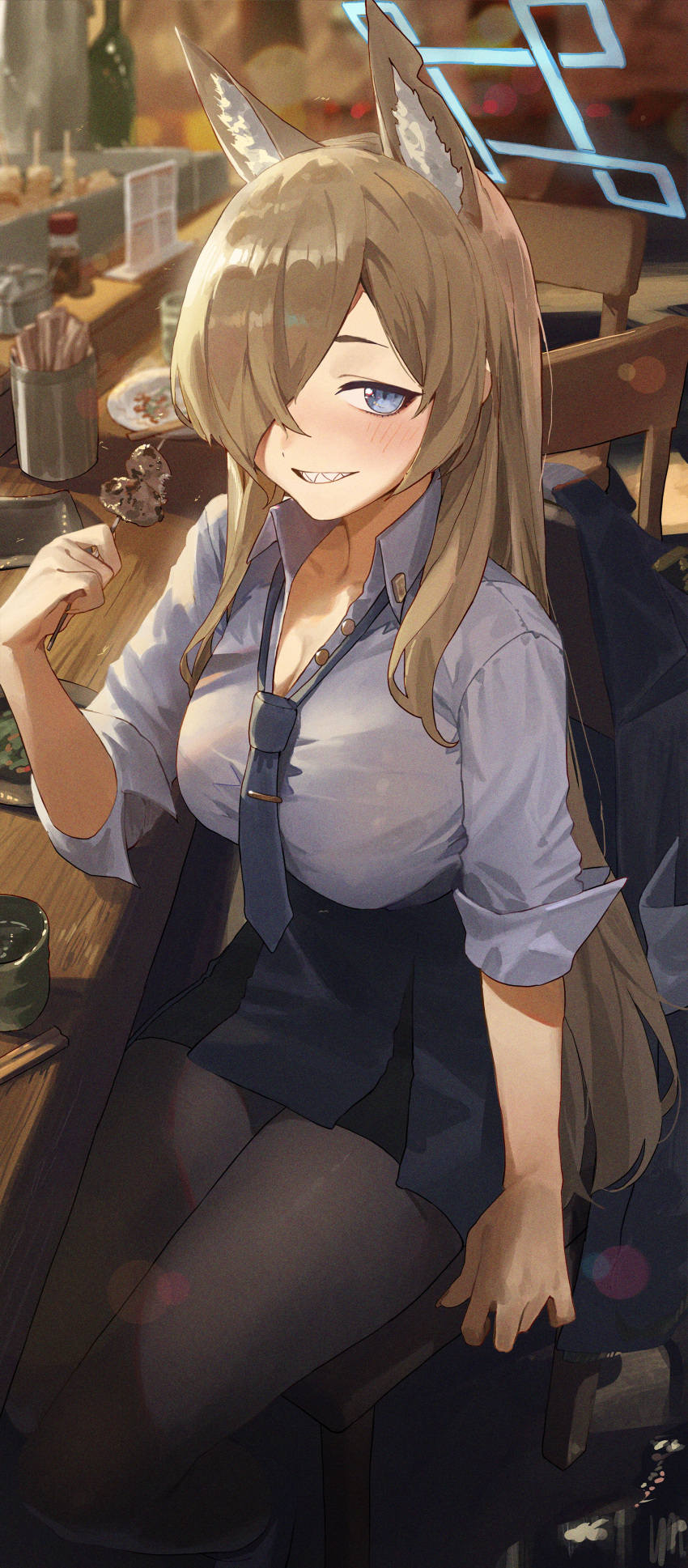 1girl absurdres animal_ear_fluff animal_ears asymmetrical_bangs black_pantyhose blonde_hair blue_archive blue_shirt blue_skirt blush breasts cleavage food fox_ears grin hair_over_one_eye halo highres holding kanna_(blue_archive) kji_(rozo) large_breasts long_bangs long_hair looking_at_viewer loose_necktie necktie one_eye_covered open_collar pantyhose restaurant sharp_teeth shirt sitting skirt sleeves_rolled_up smile solo straight_hair teeth very_long_hair yakitori