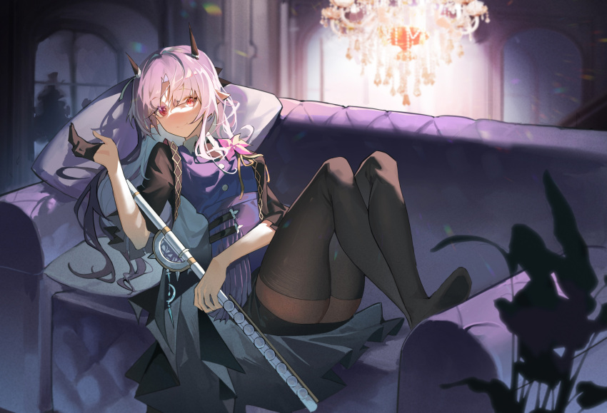 1girl arknights black_gloves black_jacket black_shorts black_thighhighs chandelier closed_mouth commentary couch dabaijiang_memeda demon_girl demon_horns flute full_body gloves half_gloves hibiscus_(arknights) hibiscus_the_purifier_(arknights) highres holding holding_instrument horns indoors instrument jacket long_hair looking_at_viewer lying on_couch open_clothes open_jacket pointy_ears purple_hair purple_shirt red_eyes shirt shorts single_glove smile solo split_mouth thighhighs window