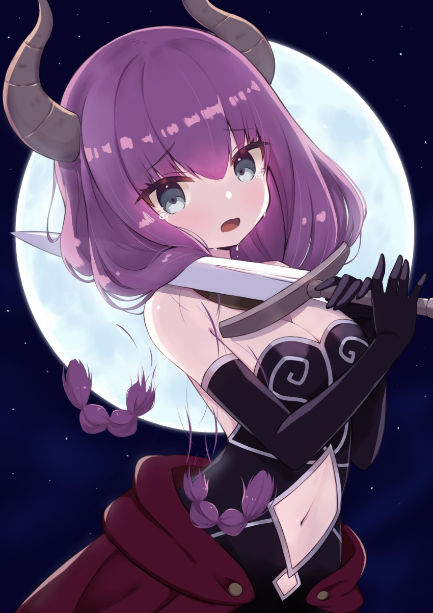1girl aura_(sousou_no_frieren) braid breasts clothing_cutout crying demon_girl demon_horns elbow_gloves gloves green_eyes highres horns low-braided_long_hair moon multiple_braids navel navel_cutout night night_sky purple_hair quad_braids siragagaga sky solo sousou_no_frieren spoilers sword_to_throat tears