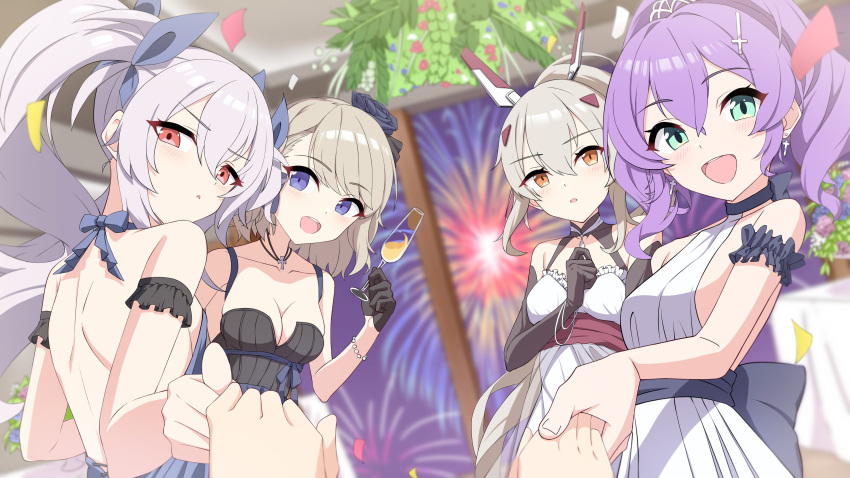 4girls absurdres aerial_fireworks alternate_costume arm_garter ayanami_(azur_lane) azur_lane backless_dress backless_outfit black_gloves blonde_hair breasts cocktail_dress cowboy_shot cross cross_earrings cross_hair_ornament cross_necklace cup dress dutch_angle earrings elbow_gloves fireworks gloves green_eyes grey_hair hair_ornament half_gloves headgear highres holding holding_cup indoors iron_cross javelin_(azur_lane) jewelry laffey_(azur_lane) long_hair looking_at_viewer medium_hair multiple_girls necklace open_mouth orange_eyes ponytail pov pov_hands purple_eyes purple_hair red_eyes sideboob sideless_outfit small_breasts sunebu_(snake_boo2) very_long_hair white_dress z23_(azur_lane)