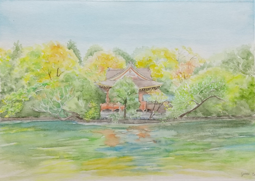 blue_sky building bush commentary_request highres lake miyuchan777 no_humans original painting_(medium) plant reflection reflective_water river scenery shrine signature sky traditional_media tree water watercolor_(medium)