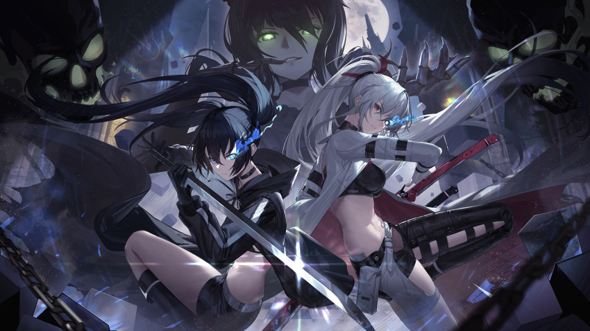 absurdres alpha_(punishing:_gray_raven) black_hair black_rock_shooter black_rock_shooter_(character) blue_eyes blue_fire blue_hair cc_xiaotintin chain collaboration crossover fighting_stance fire glowing glowing_eyes green_eyes heterochromia highres holding holding_sword holding_weapon hood hooded_jacket jacket looking_at_viewer lucia:_crimson_weave_(punishing:_gray_raven) moon night official_art open_clothes open_jacket ponytail punishing:_gray_raven red_eyes short_shorts shorts skull smile sword torn_clothes twintails weapon white_hair