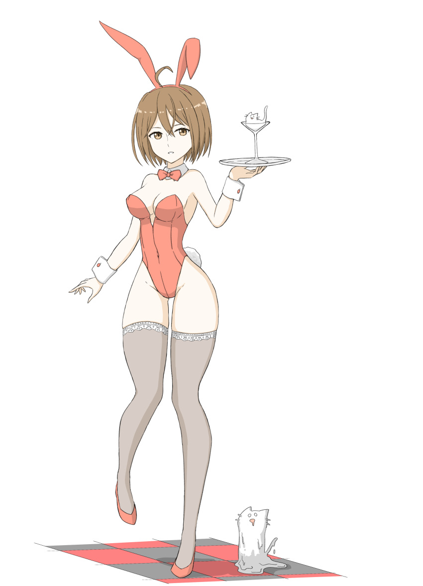 1girl absurdres ahoge animal animal_ears assault_lily bare_arms bare_shoulders bow bowtie breasts brown_eyes brown_hair brown_thighhighs cat cleavage cocktail_glass commentary covered_navel cup detached_collar drinking_glass fake_animal_ears fake_tail full_body groin hair_between_eyes hairband highleg highleg_leotard highres holding holding_tray in_container in_cup kawamura_yuzuriha leg_up leotard light_smile looking_at_viewer medium_breasts melting parted_lips playboy_bunny rabbit_ears rabbit_tail red_bow red_bowtie red_footwear red_hairband red_leotard short_hair simple_background solo standing standing_on_one_leg strapless strapless_leotard tail thighhighs tile_floor tiles tray tsukimizake white_background white_cat wrist_cuffs