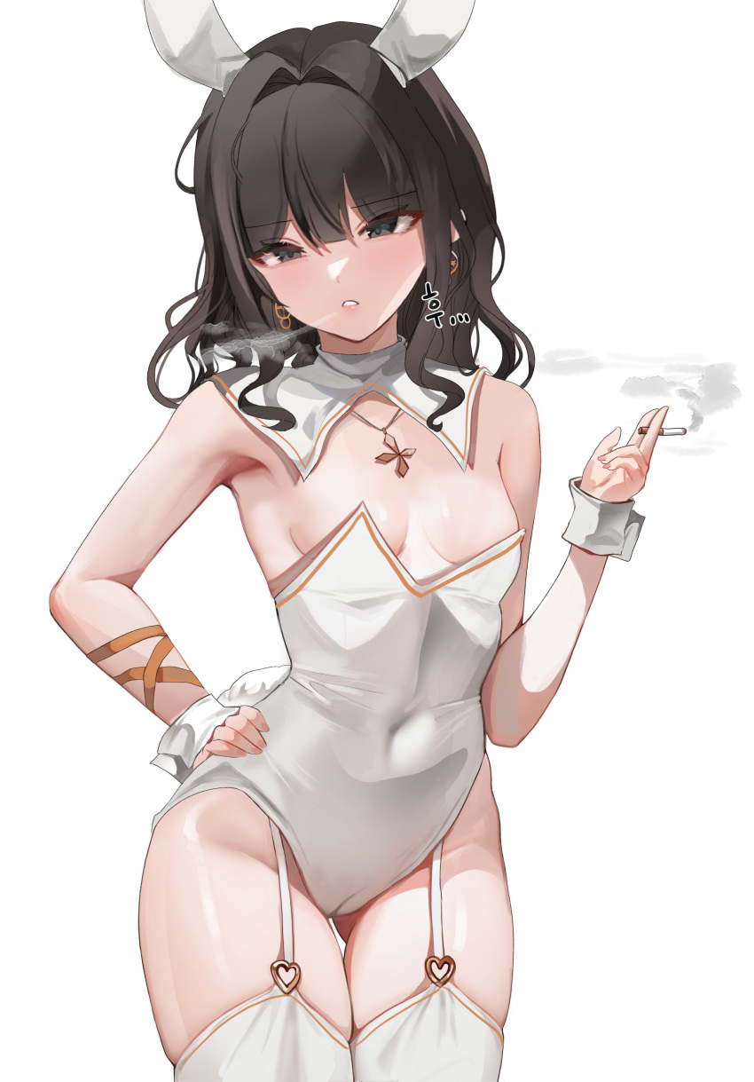 1girl absurdres animal_ears black_eyes black_hair blush breasts character_request check_copyright cigarette cleavage copyright_request cowboy_shot dolechan dungeon_and_fighter english_commentary fake_animal_ears garter_straps hand_on_own_hip hand_up highres holding holding_cigarette korean_commentary leotard looking_at_viewer medium_hair mixed-language_commentary parted_lips playboy_bunny rabbit_ears simple_background small_breasts smoke solo thighhighs white_background white_garter_straps white_leotard white_thighhighs wrist_cuffs