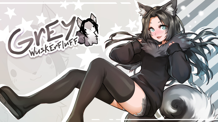 2022 animal_humanoid black_hair blue_eyes canid canid_humanoid canine canine_humanoid clothed clothing dragonfu fluffy fluffy_tail grey_(character) grey_(greywolf570) hair humanoid legwear long_hair looking_at_viewer male mammal mammal_humanoid solo tail thigh_highs wolf_humanoid